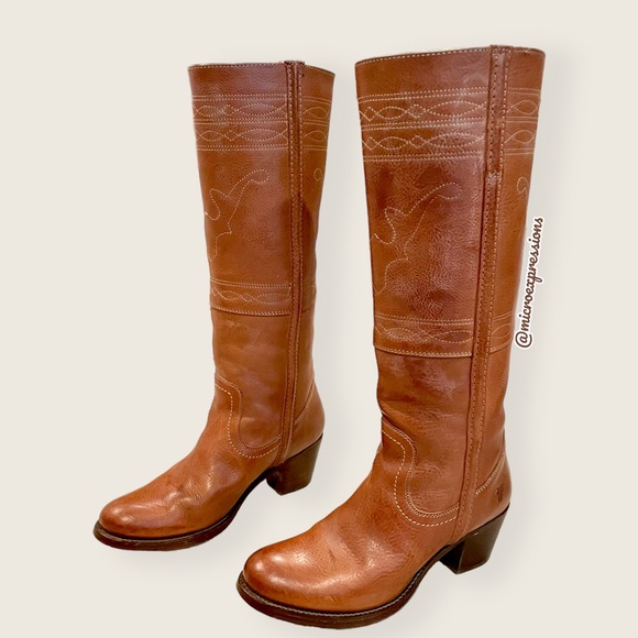 1970 Frye VINTAGE RARE Deer/Moose Cognac Leather Campus Knee High Tall Heel Boot - Picture 12 of 13